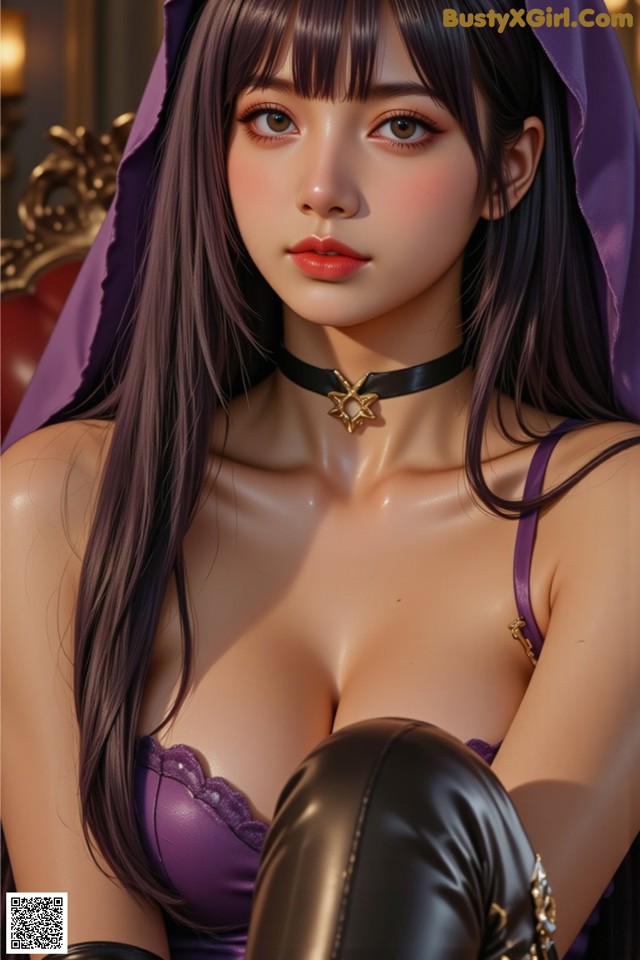 A woman in a purple outfit sitting on a chair.