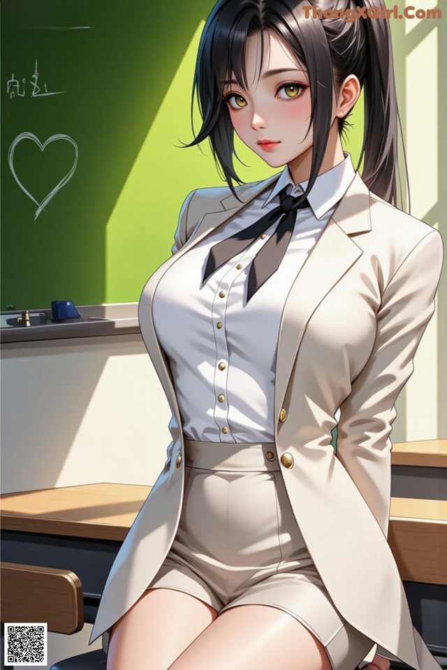A woman in a school uniform sitting at a desk.